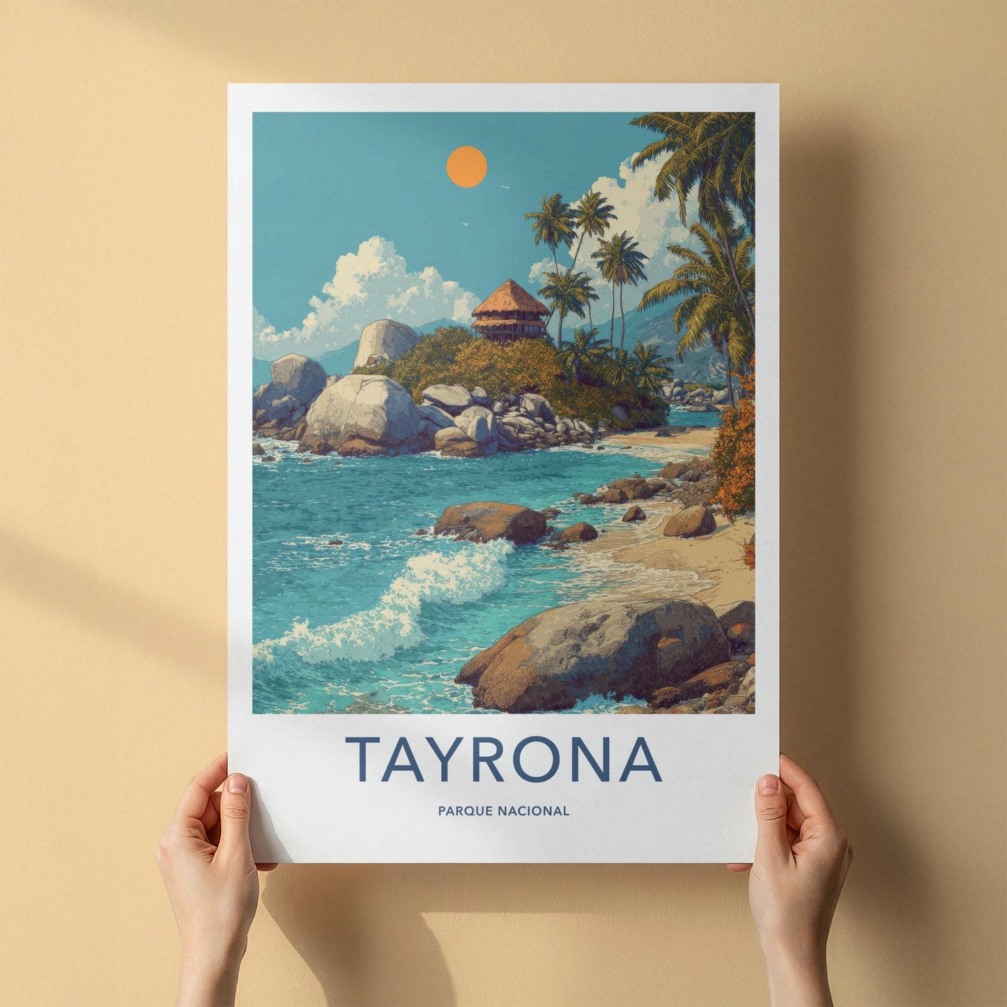 Tayrona Poster - Colombia Travel Art - Tropical Beach Hut Home Decor