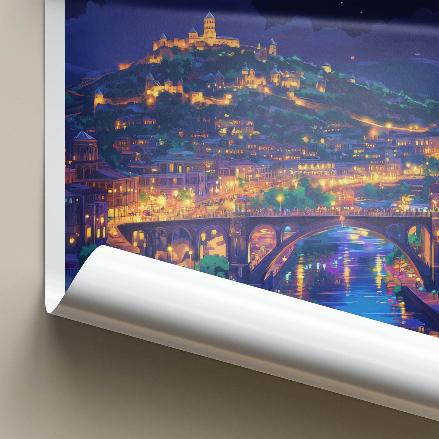 Tbilisi Poster - Georgia Travel Art - Moonlit Cityscape River Home Decor
