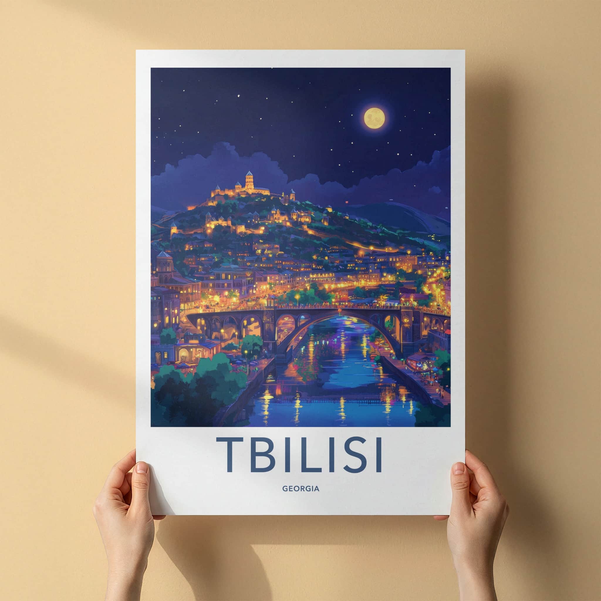 Tbilisi Poster - Georgia Travel Art - Moonlit Cityscape River Home Decor