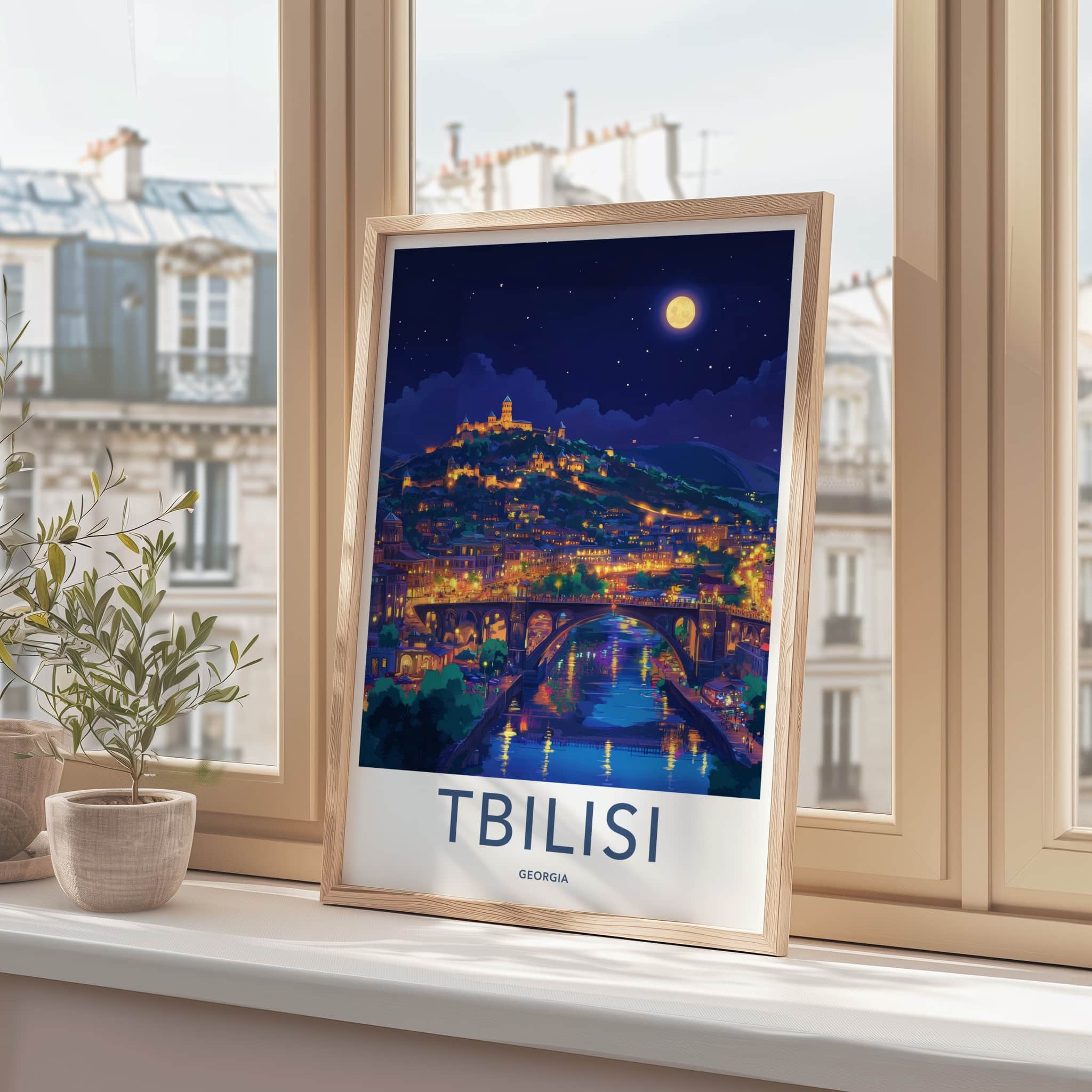 Tbilisi Poster - Georgia Travel Art - Moonlit Cityscape River Home Decor