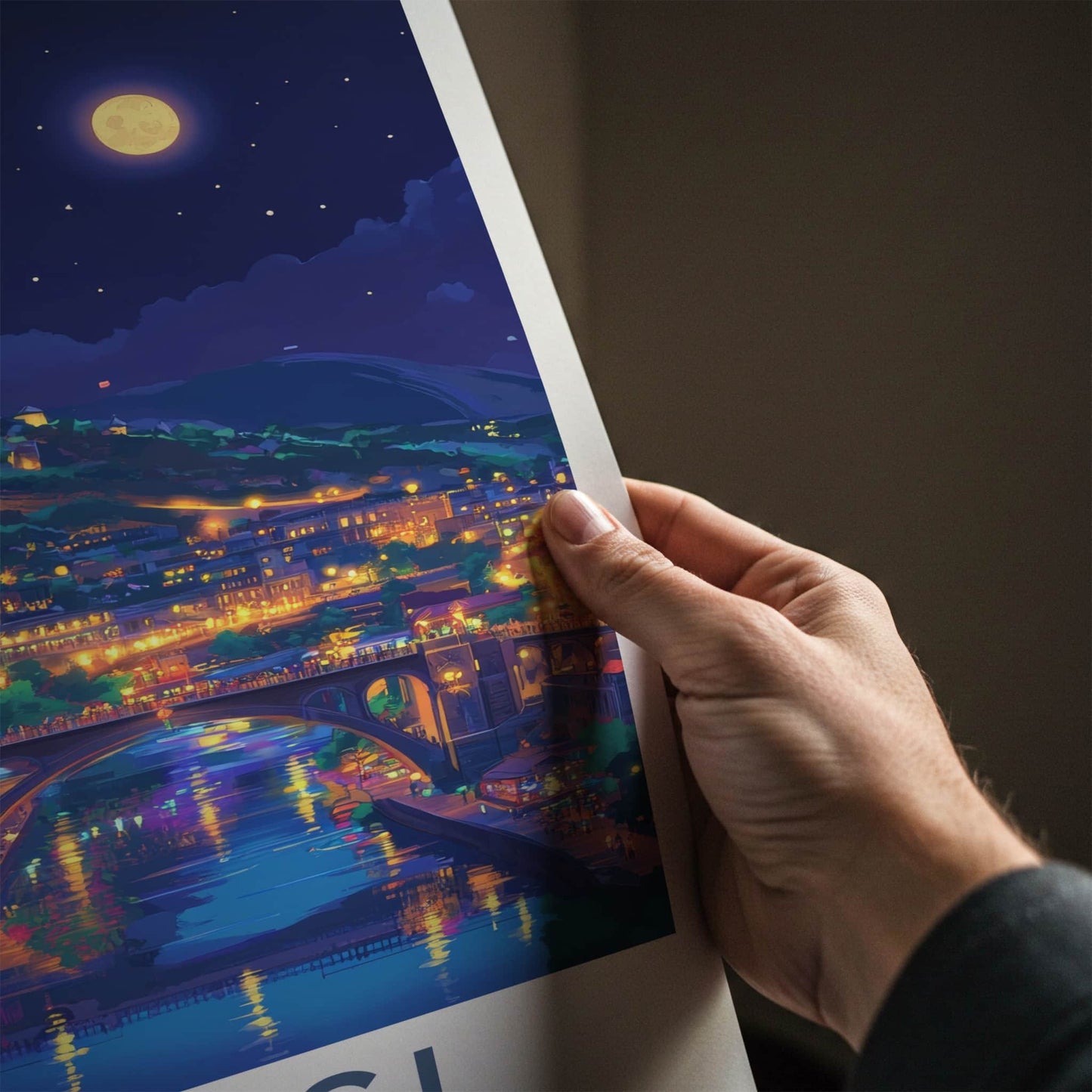 Tbilisi Poster - Georgia Travel Art - Moonlit Cityscape River Home Decor