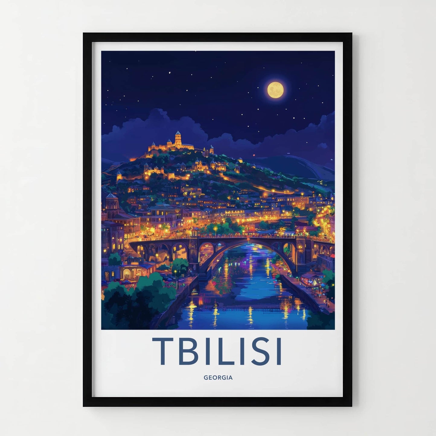 Tbilisi Poster - Georgia Travel Art - Moonlit Cityscape River Home Decor