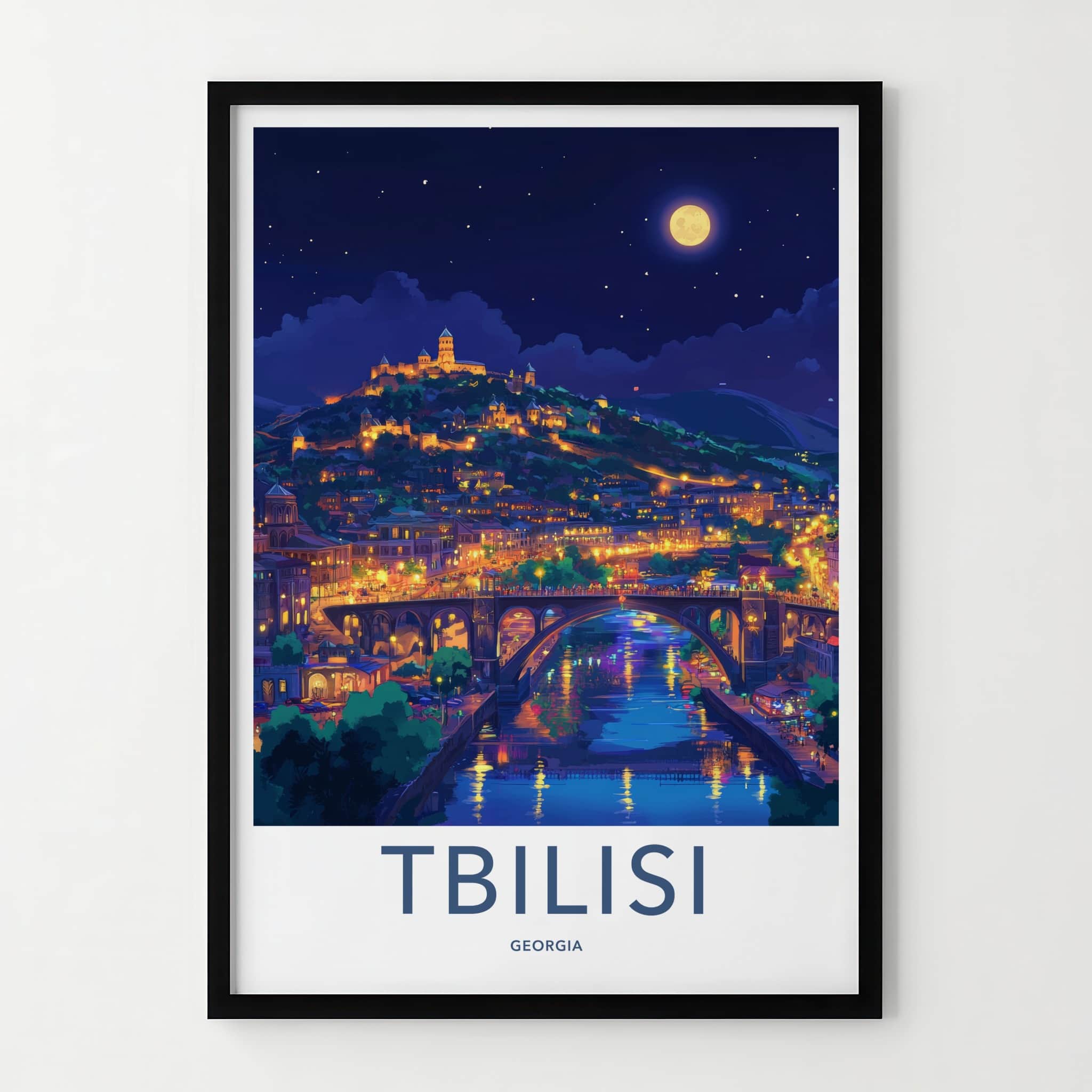 Tbilisi Poster - Georgia Travel Art - Moonlit Cityscape River Home Decor