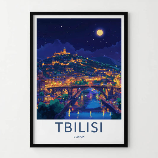 Tbilisi Poster - Georgia Travel Art - Moonlit Cityscape River Home Decor