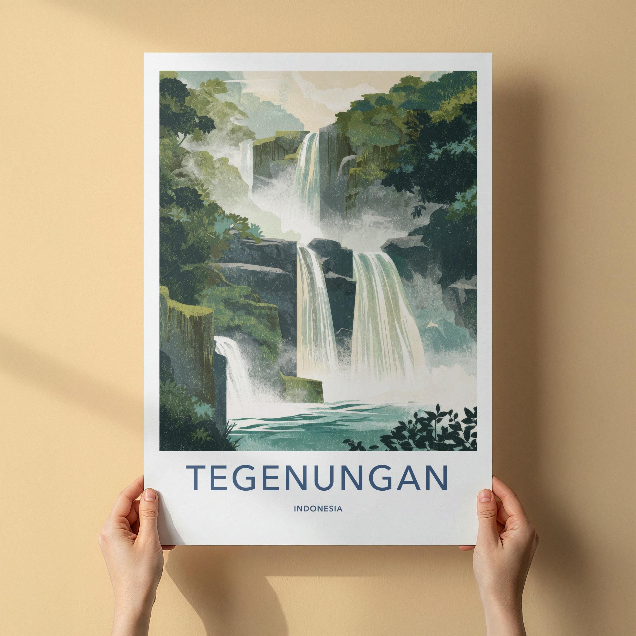 Tegenungan Poster - Indonesia Travel Art - Tropical Tiered Waterfalls Wall Decor