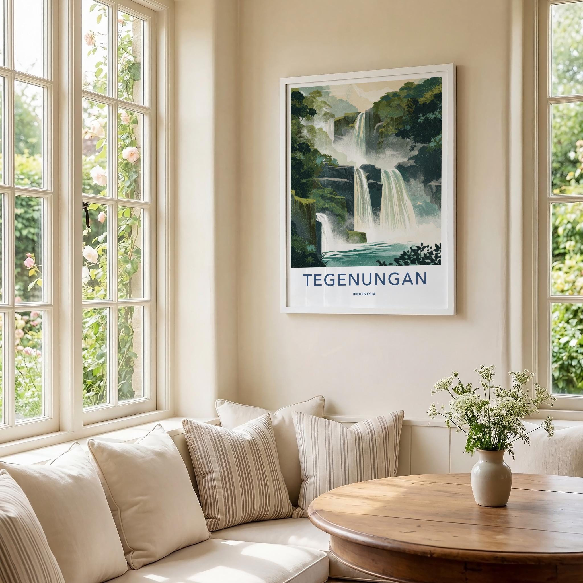 Tegenungan Poster - Indonesia Travel Art - Tropical Tiered Waterfalls Wall Decor