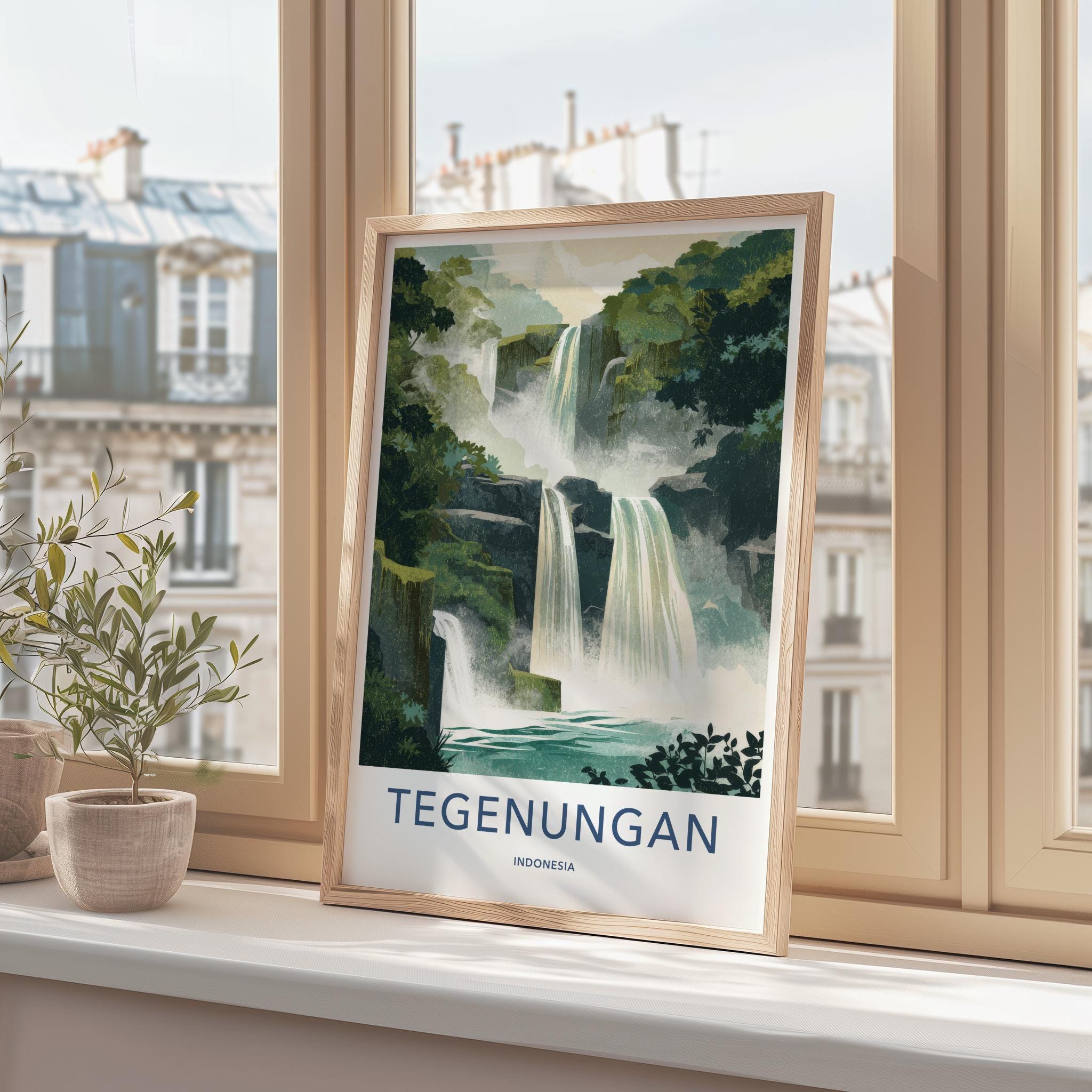 Tegenungan Poster - Indonesia Travel Art - Tropical Tiered Waterfalls Wall Decor