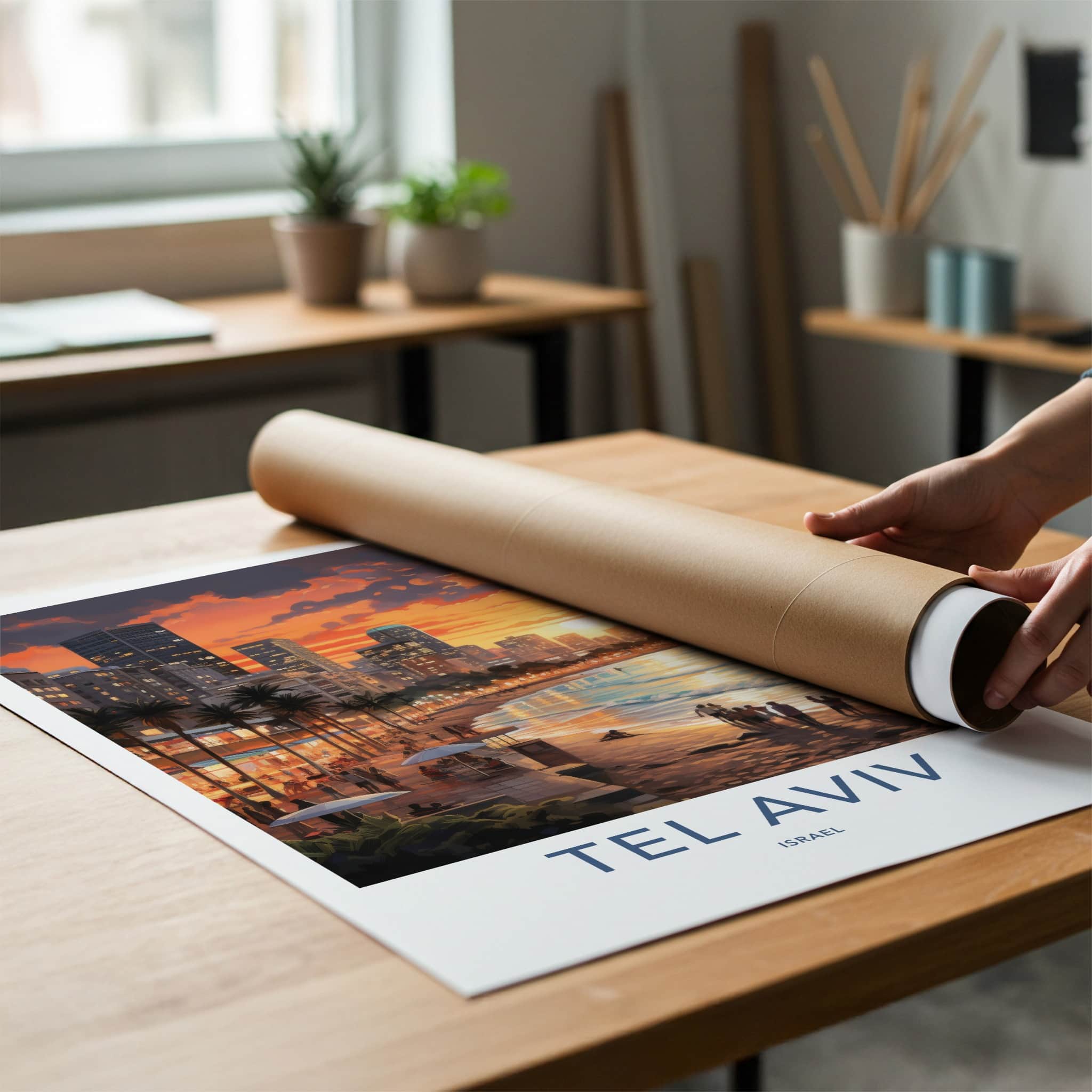 Tel Aviv Poster - Israel Art Print - Sunset Beach Skyline Home Decor