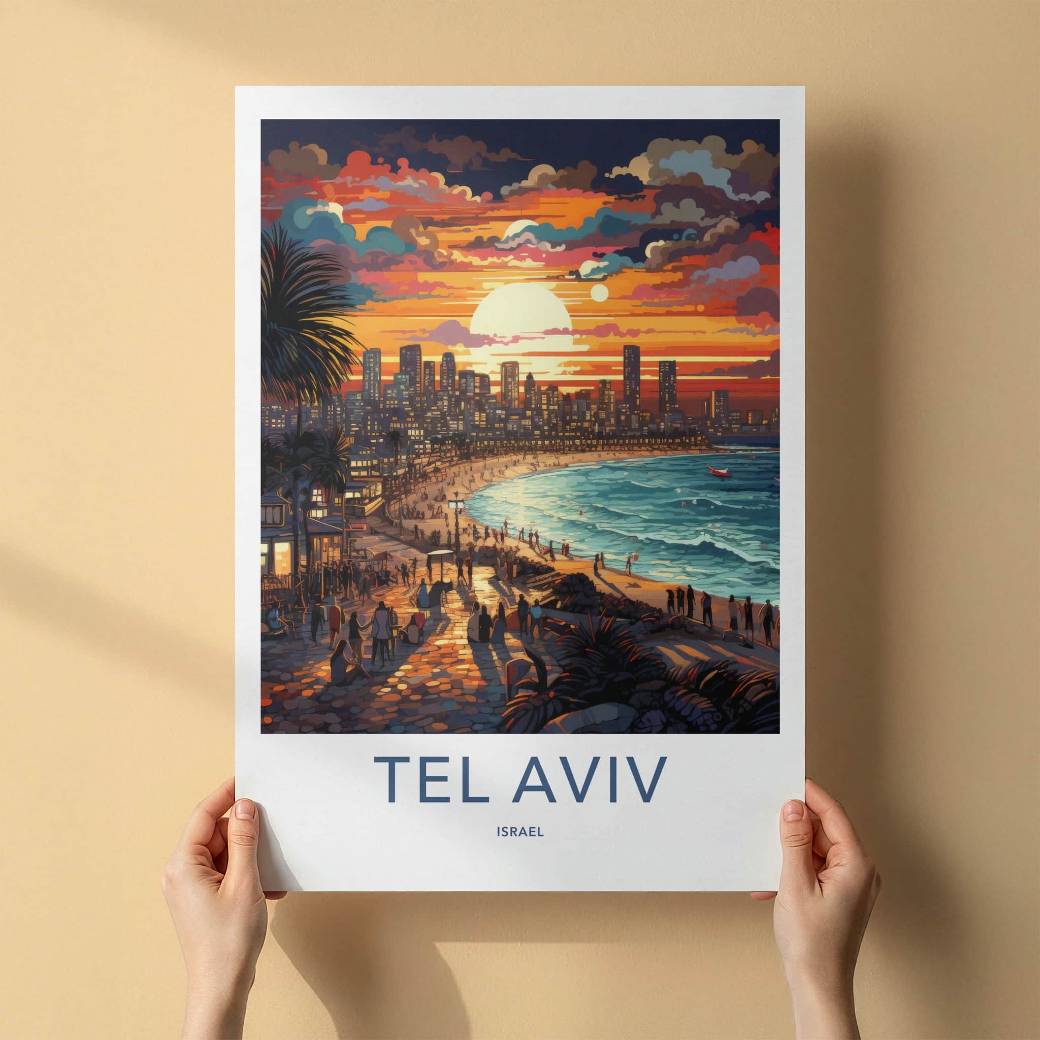 Tel Aviv Poster - Israel Travel Art - Beach Sunset Cityscape Wall Decor