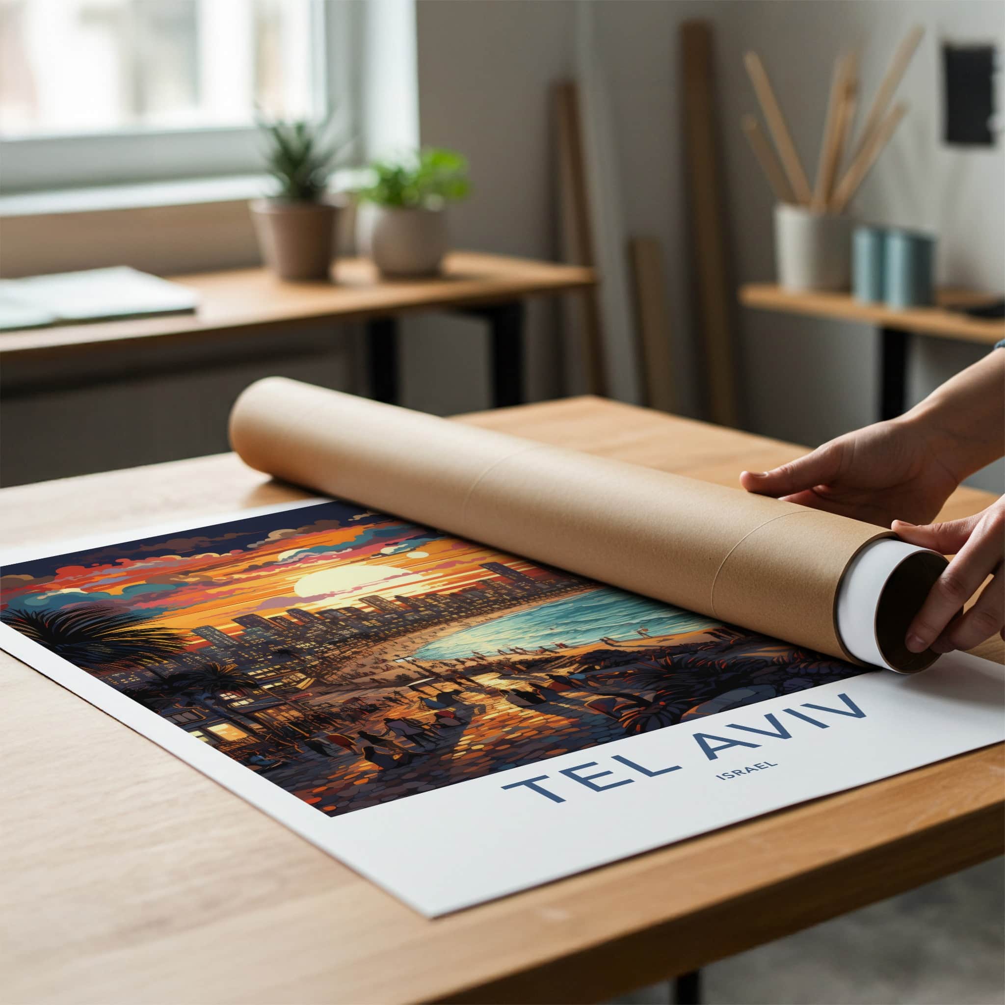 Tel Aviv Poster - Israel Travel Art - Beach Sunset Cityscape Wall Decor