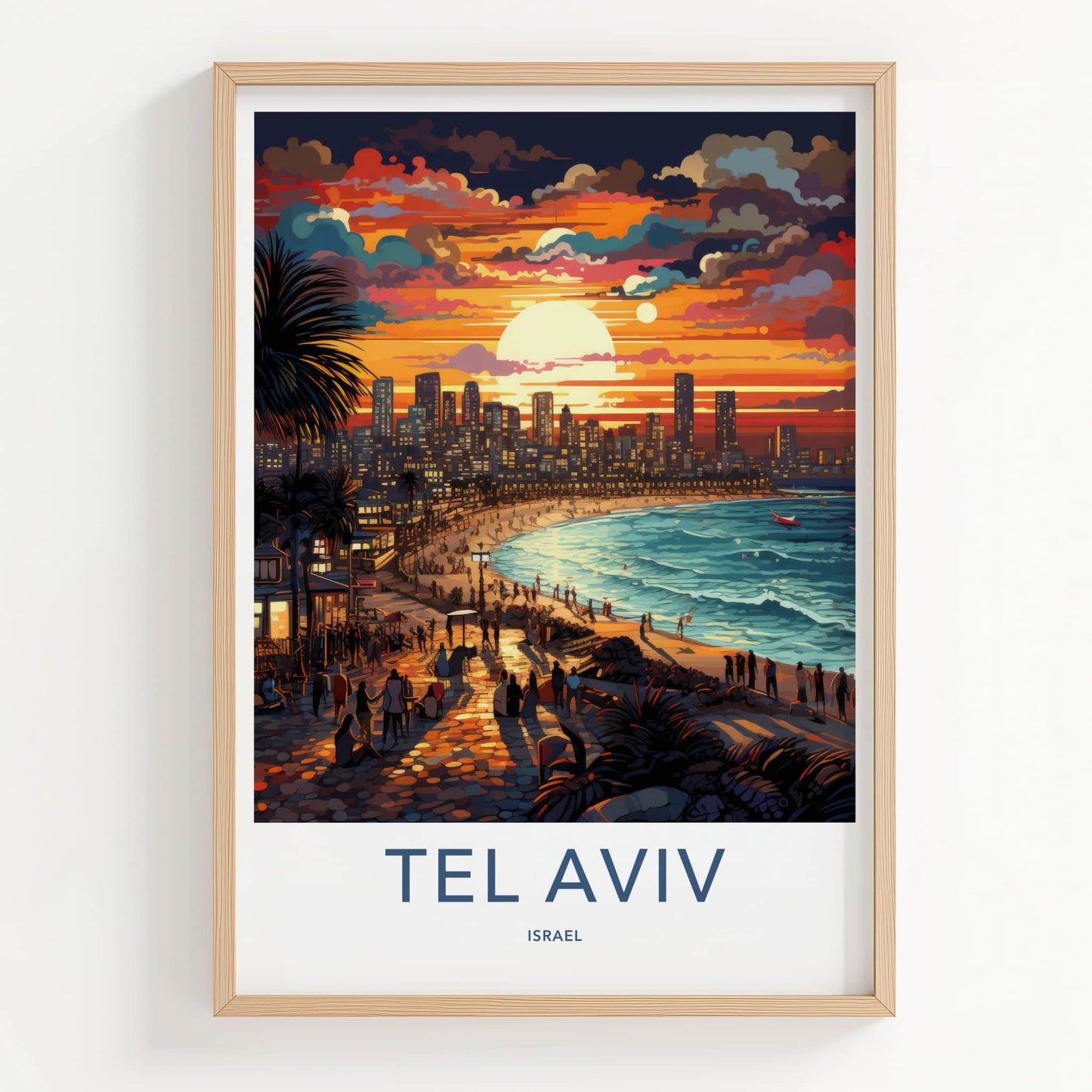 Tel Aviv Poster - Israel Travel Art - Beach Sunset Cityscape Wall Decor