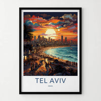 Tel Aviv Poster - Israel Travel Art - Beach Sunset Cityscape Wall Decor