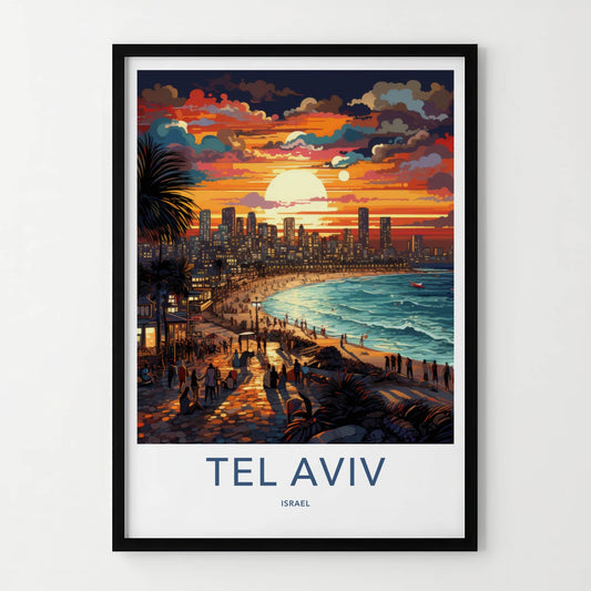 Tel Aviv Poster - Israel Travel Art - Beach Sunset Cityscape Wall Decor