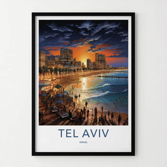 Tel Aviv Poster - Israel Travel Art - Beach Sunset Skyline Home Decor