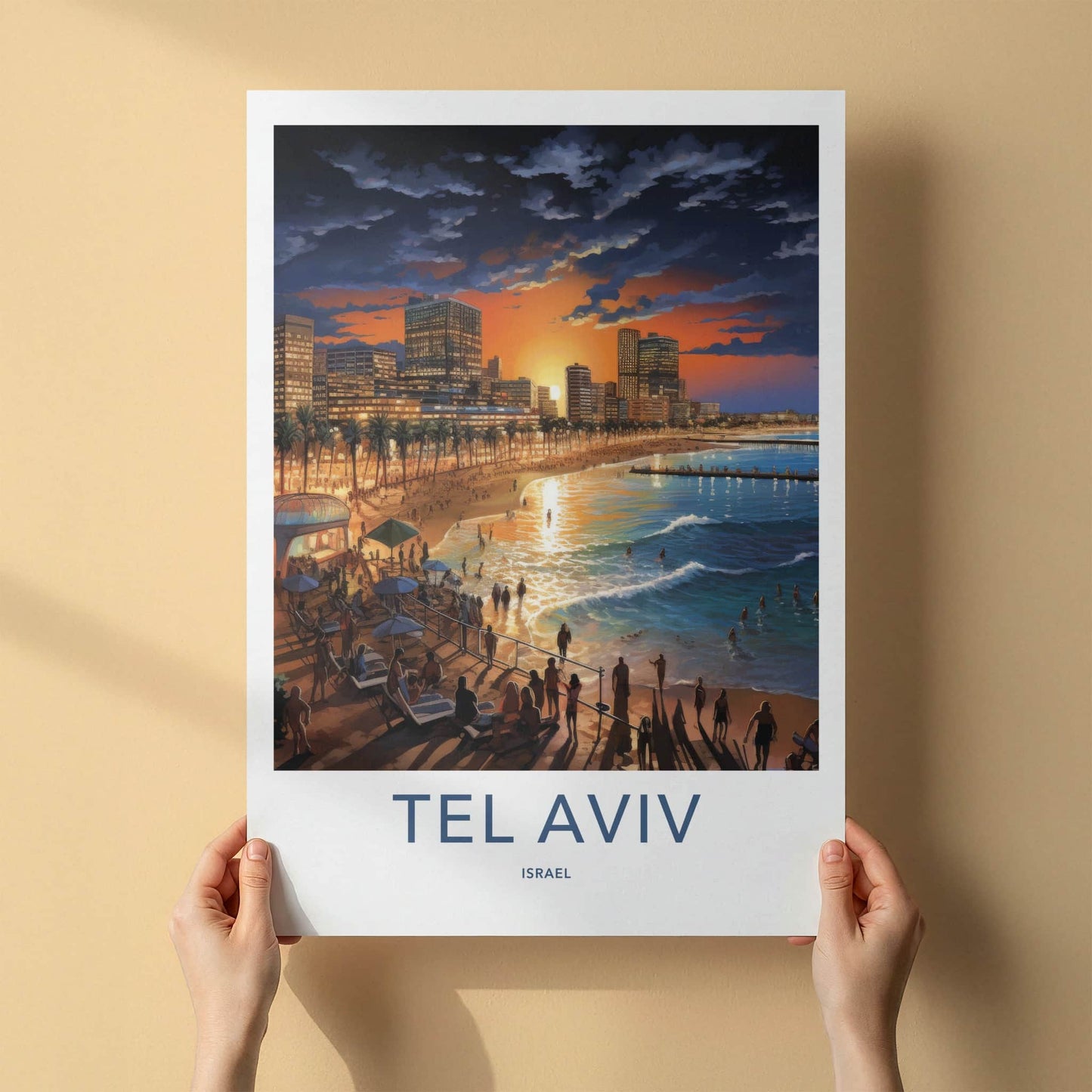Tel Aviv Poster - Israel Travel Art - Beach Sunset Skyline Home Decor