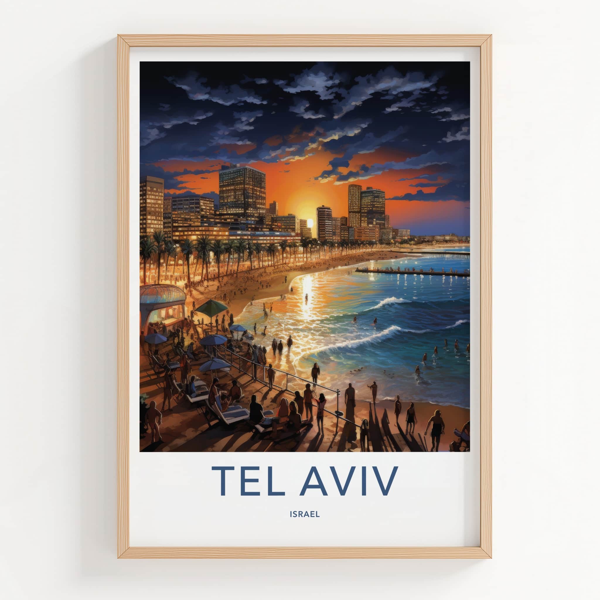 Tel Aviv Poster - Israel Travel Art - Beach Sunset Skyline Home Decor