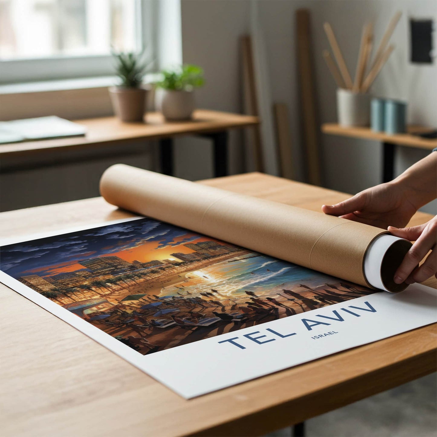 Tel Aviv Poster - Israel Travel Art - Beach Sunset Skyline Home Decor