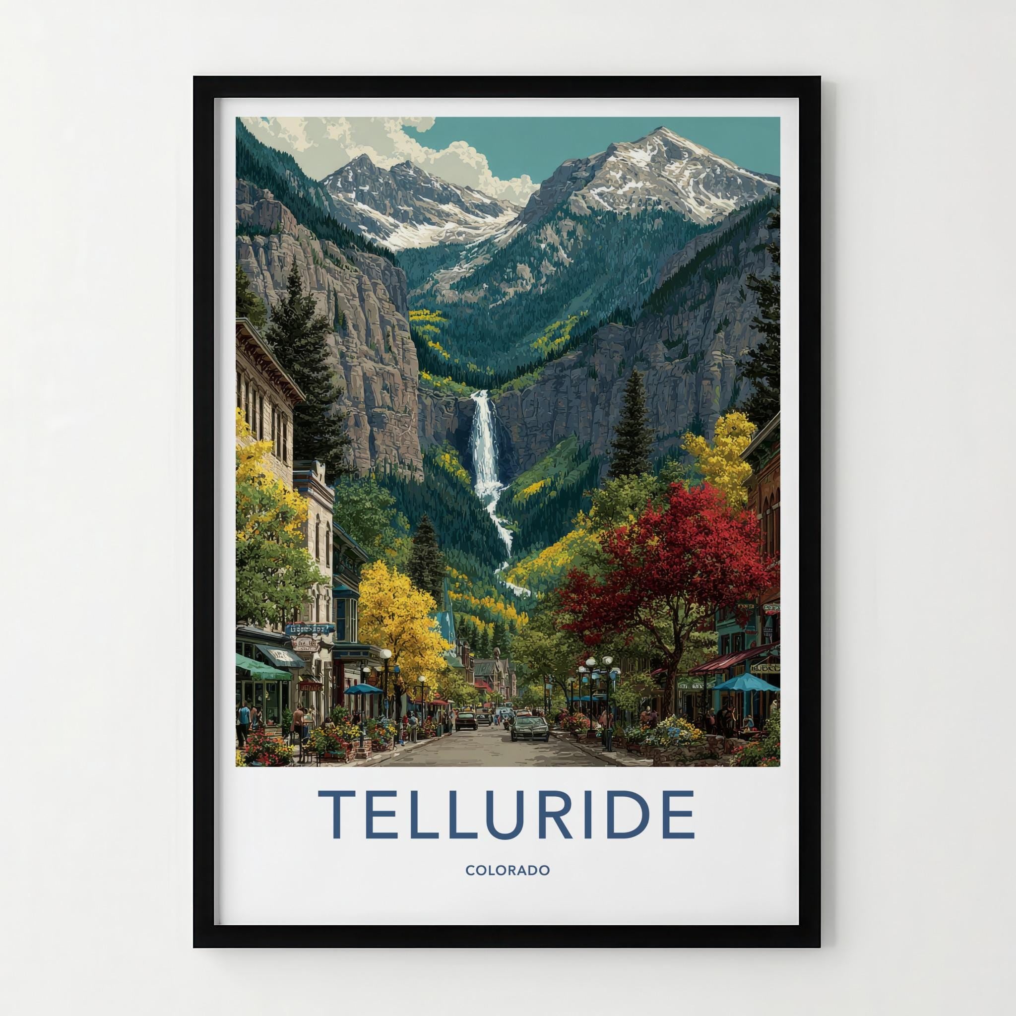 Telluride Poster - Colorado Travel Art - Autumn Mountain Waterfall Wall Decor
