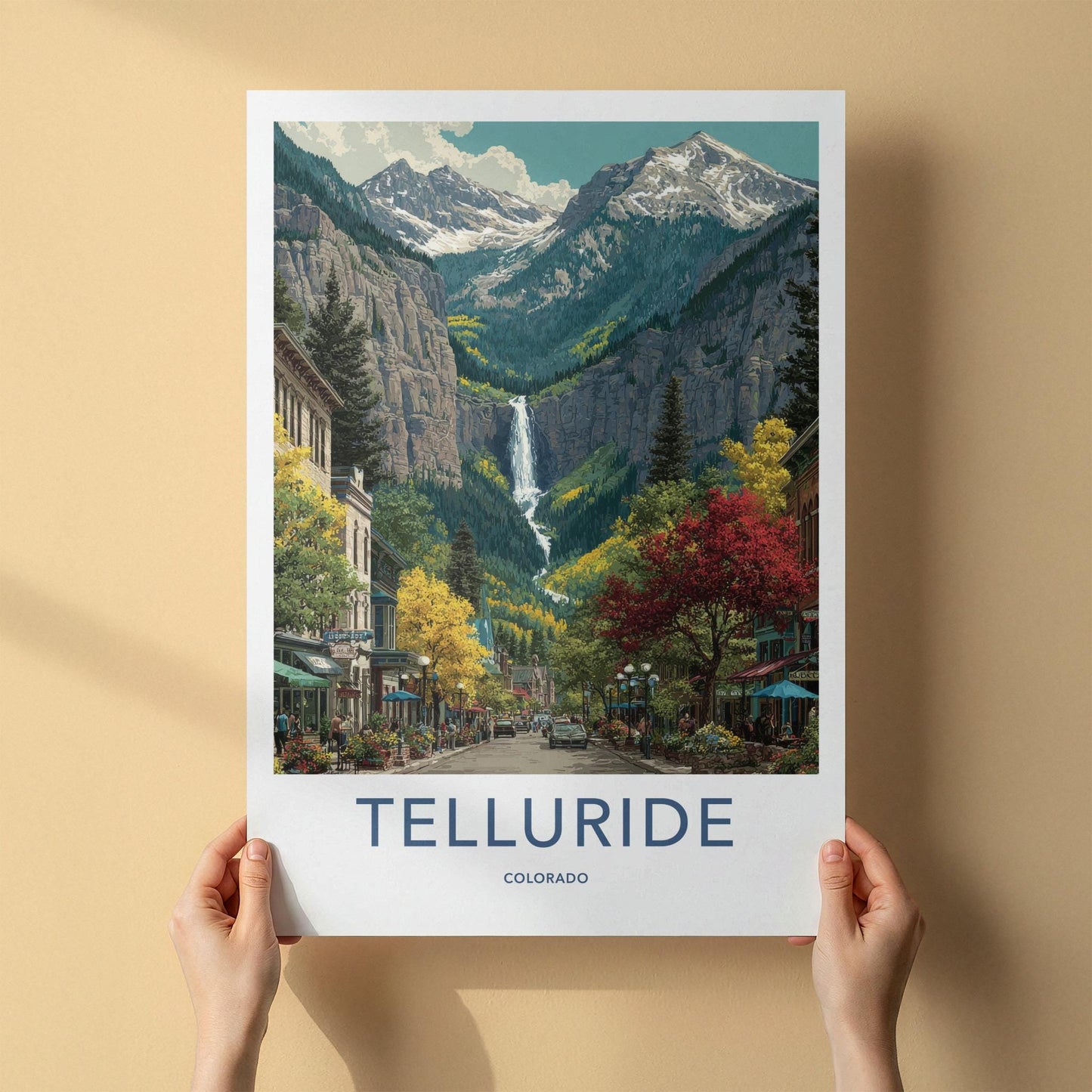 Telluride Poster - Colorado Travel Art - Autumn Mountain Waterfall Wall Decor