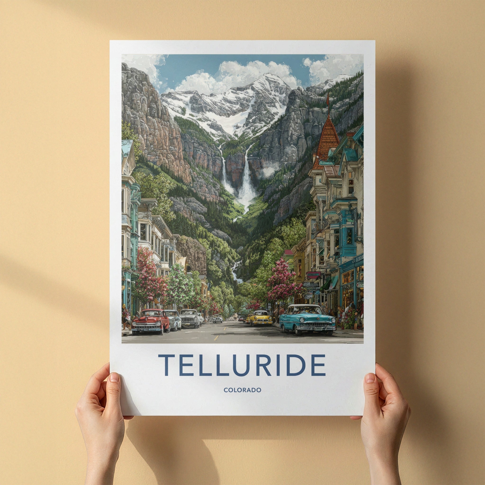 Telluride Poster - Colorado Travel Print - Mountain Waterfall Town Home Art