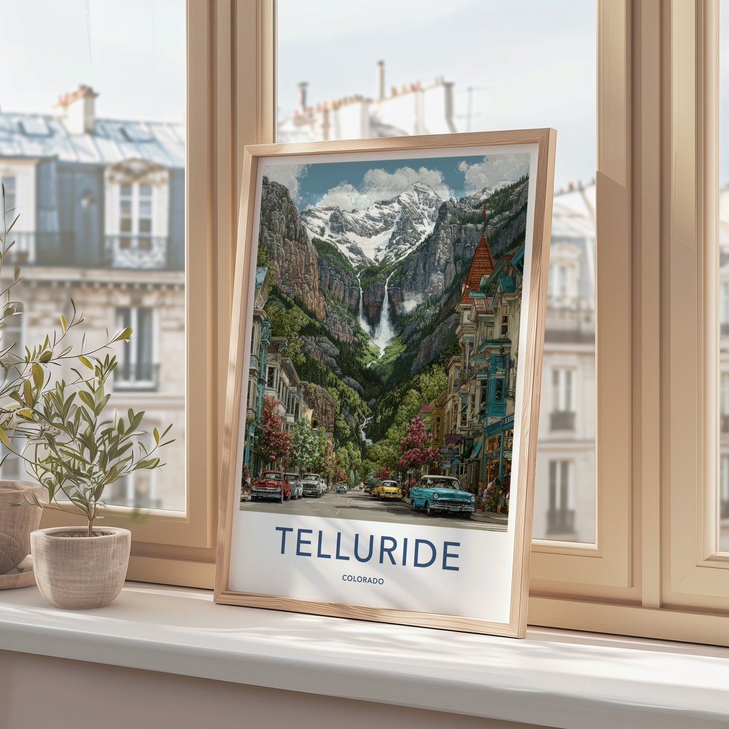 Telluride Poster - Colorado Travel Print - Mountain Waterfall Town Home Art