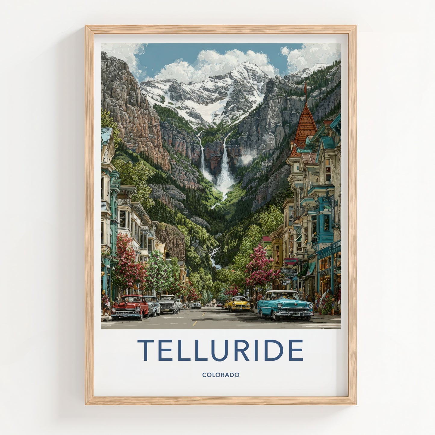 Telluride Poster - Colorado Travel Print - Mountain Waterfall Town Home Art