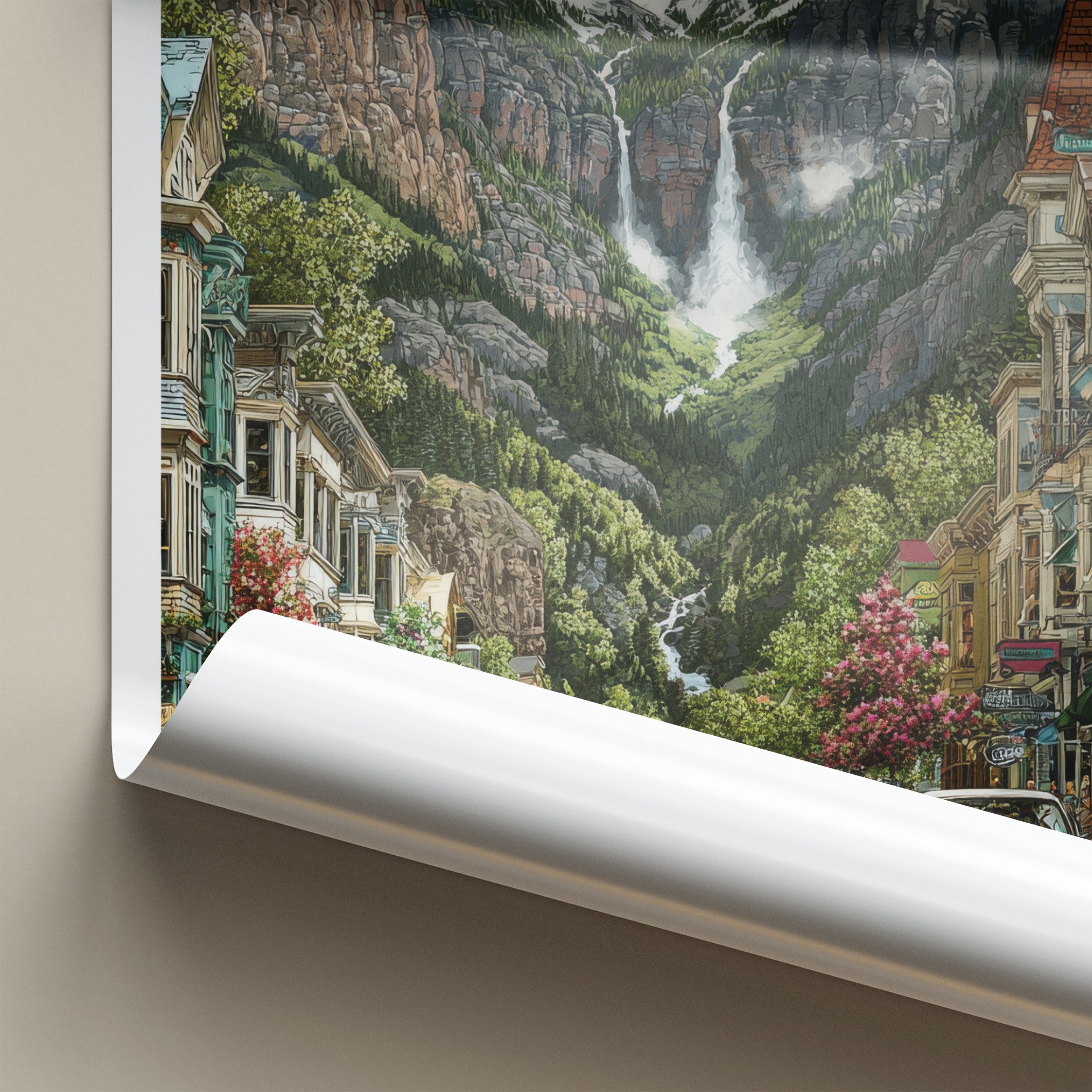 Telluride Poster - Colorado Travel Print - Mountain Waterfall Town Home Art
