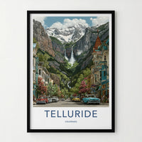 Telluride Poster - Colorado Travel Print - Mountain Waterfall Town Home Art