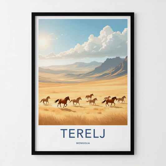 Terelj Poster - Mongolia Travel Art - Wild Horses Gallop Home Decor