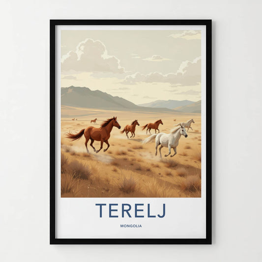 Terelj Poster - Mongolia Travel Art - Wild Horses Galloping Home Decor