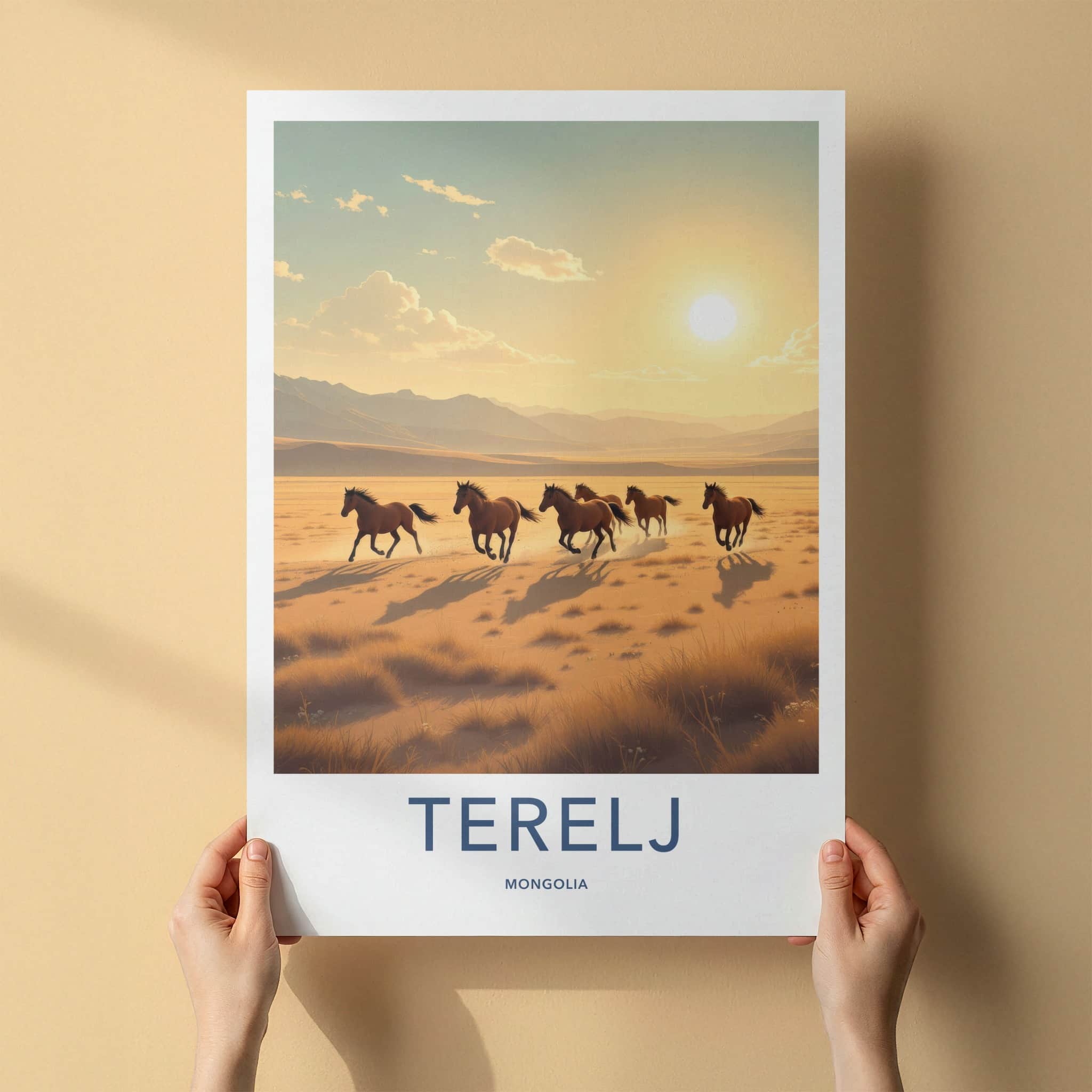 Terelj Poster - Mongolia Travel Art - Wild Horses Running Home Decor