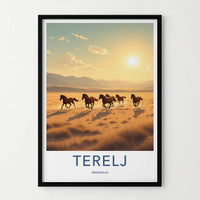 Terelj Poster - Mongolia Travel Art - Wild Horses Running Home Decor