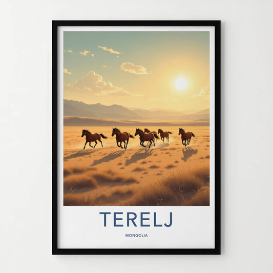 Terelj Poster - Mongolia Travel Art - Wild Horses Running Home Decor