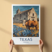 Texas Poster - Texas Travel Art - Alamo Longhorn Bluebonnets Home Decor