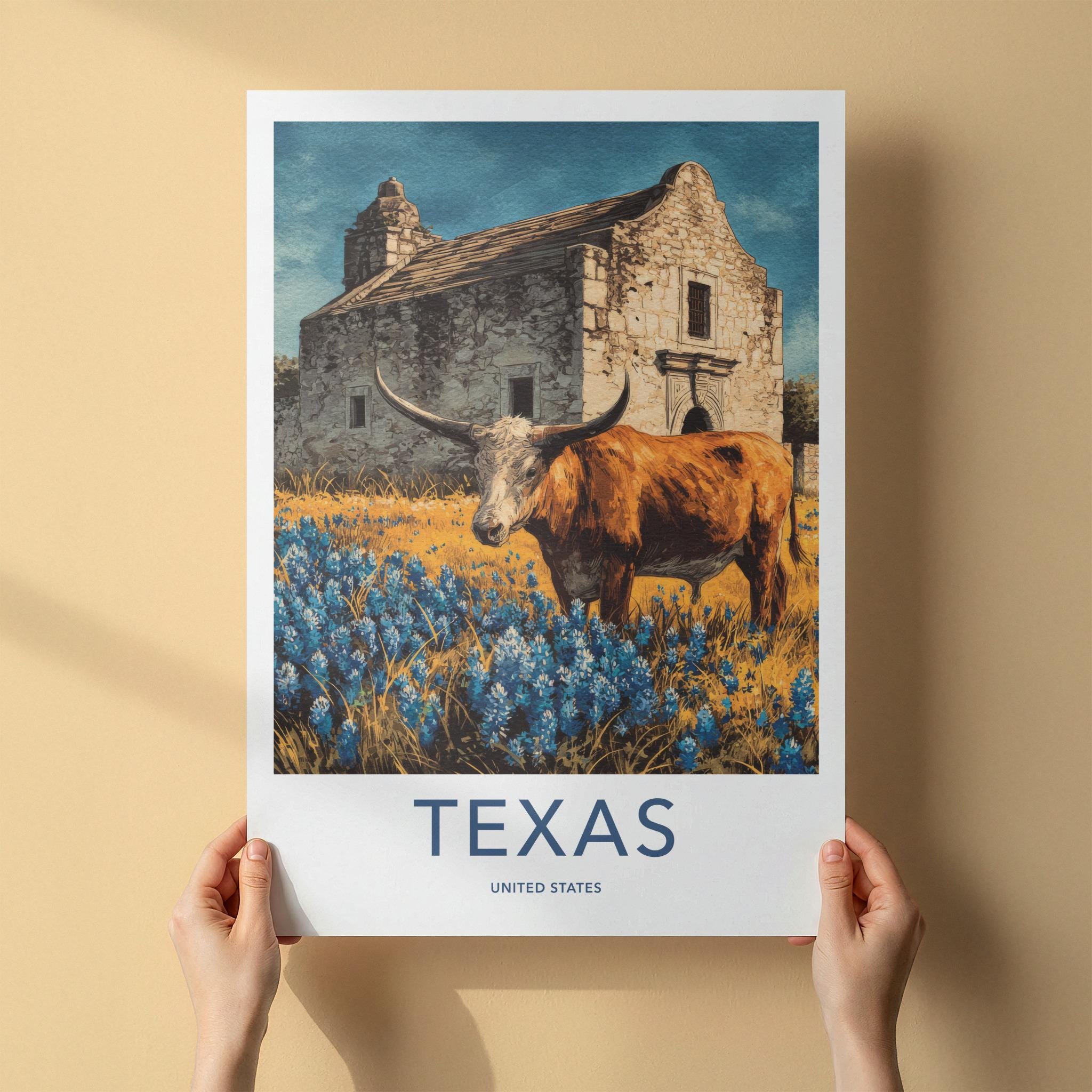 Texas Poster - Texas Travel Art - Alamo Longhorn Bluebonnets Home Decor