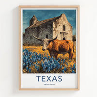 Texas Poster - Texas Travel Art - Alamo Longhorn Bluebonnets Home Decor