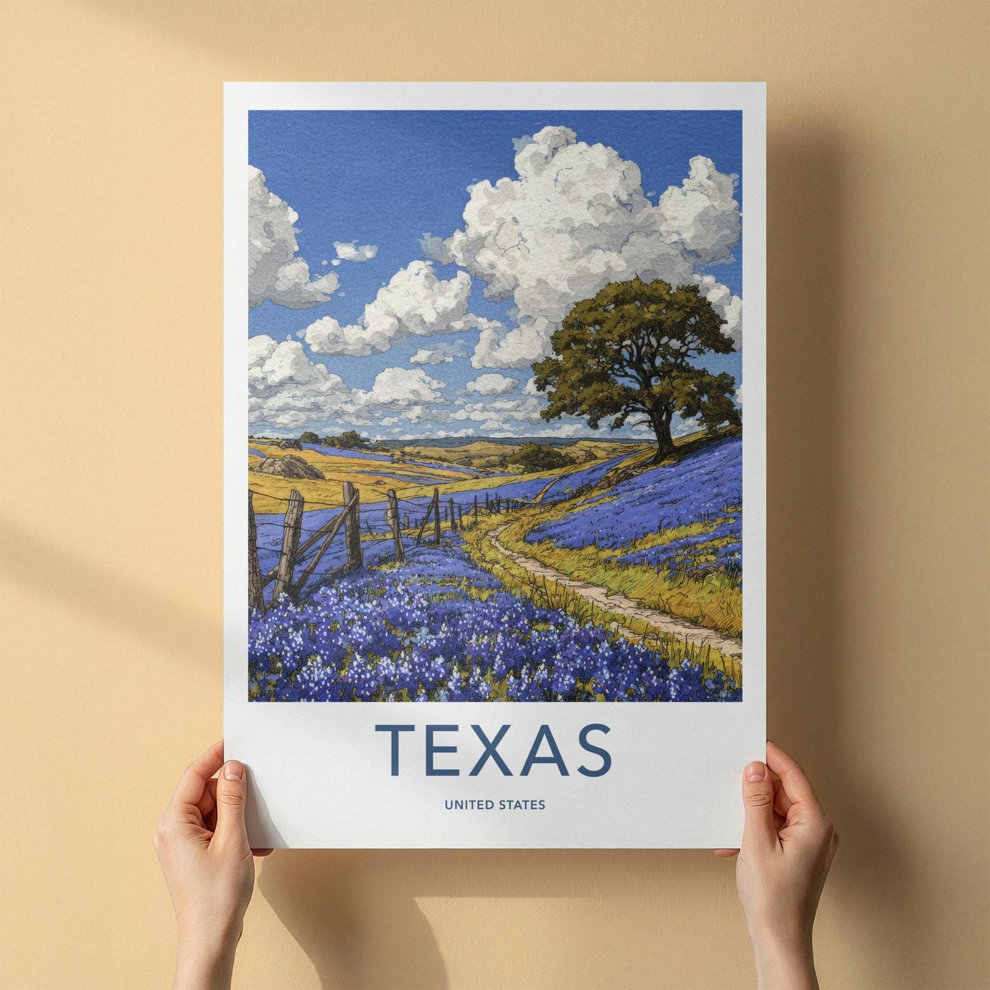 Texas Poster - Texas Travel Art - Bluebonnet Field Path Home Decor