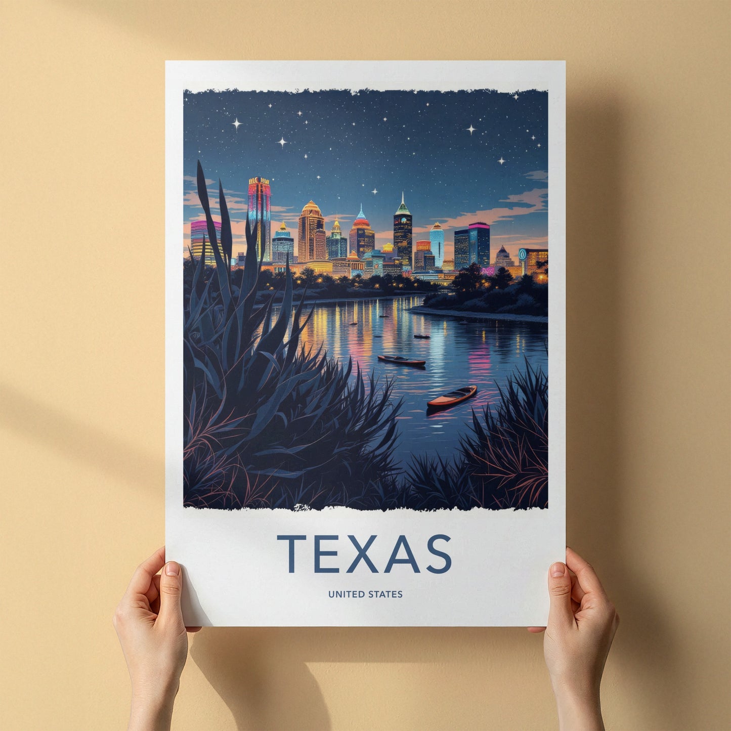 TEXAS Poster - Texas Travel Art - Vibrant City Lights Home Decor