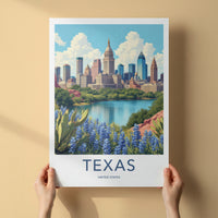 Texas Poster - Texas Travel Print - Cityscape Lakeside Bluebonnets Home Decor