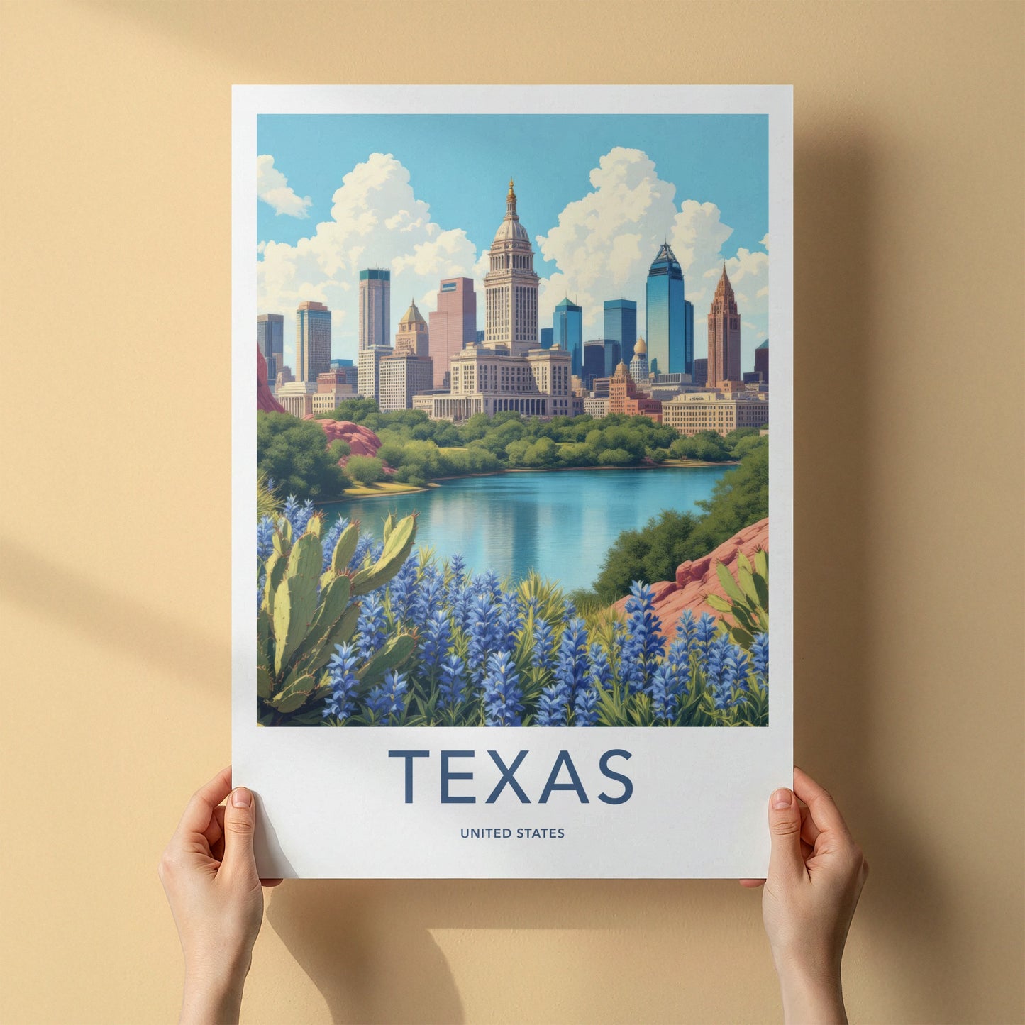 Texas Poster - Texas Travel Print - Cityscape Lakeside Bluebonnets Home Decor