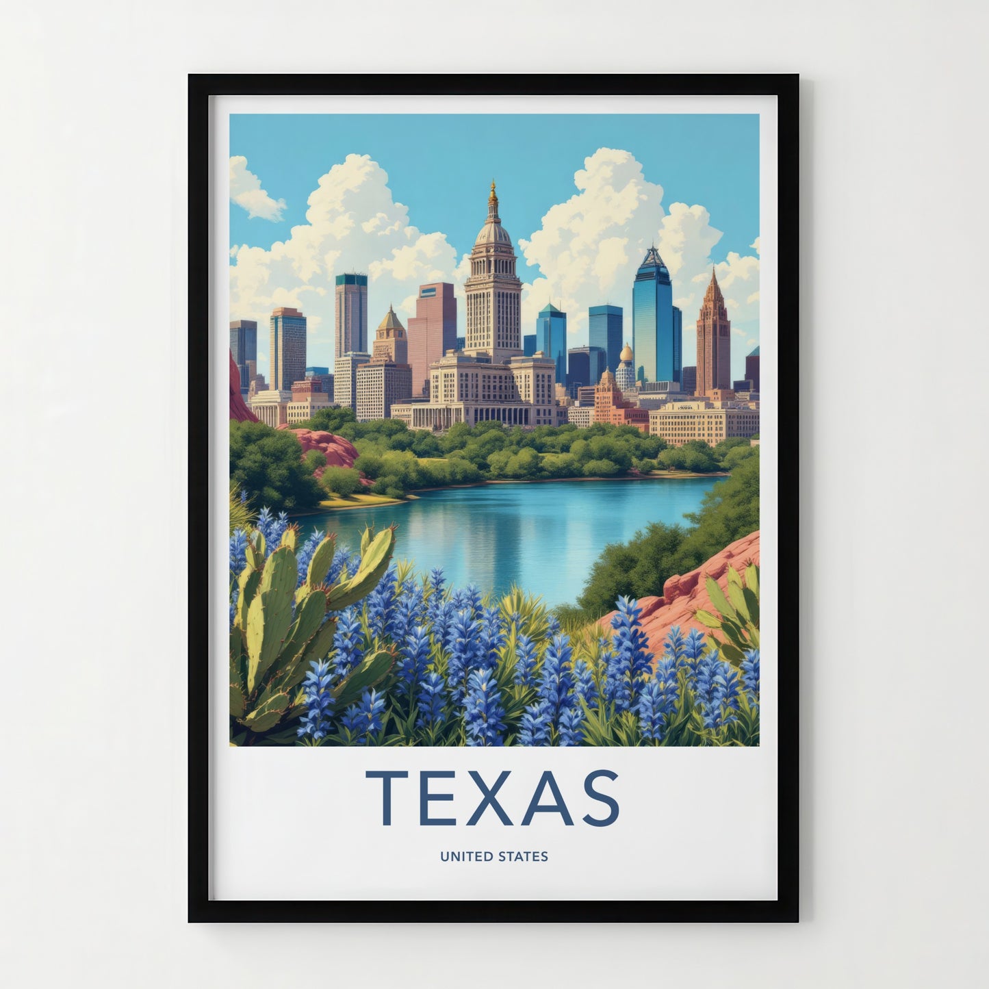 Texas Poster - Texas Travel Print - Cityscape Lakeside Bluebonnets Home Decor
