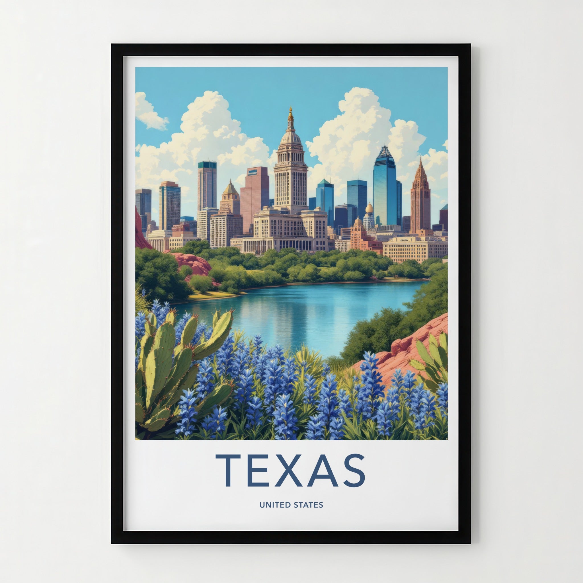 Texas Poster - Texas Travel Print - Cityscape Lakeside Bluebonnets Home Decor