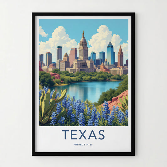 Texas Poster - Texas Travel Print - Cityscape Lakeside Bluebonnets Home Decor