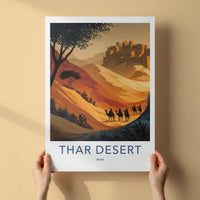 Thar Desert Poster - India Travel Art - Rajasthan Camel Train Fortress Home Decor