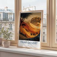 Thar Desert Poster - India Travel Art - Rajasthan Camel Train Fortress Home Decor