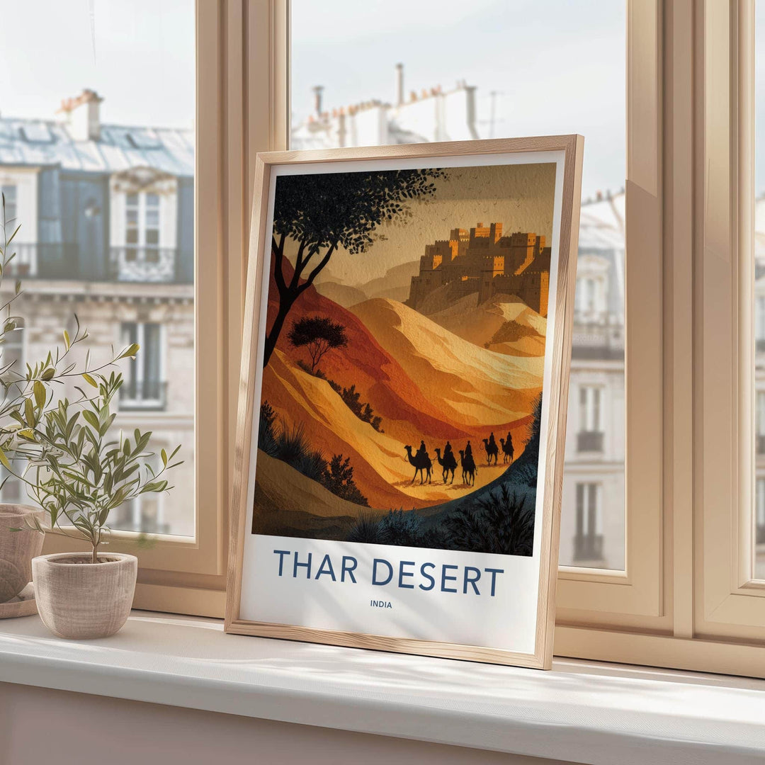 Thar Desert Poster - India Travel Art - Rajasthan Camel Train Fortress Home Decor