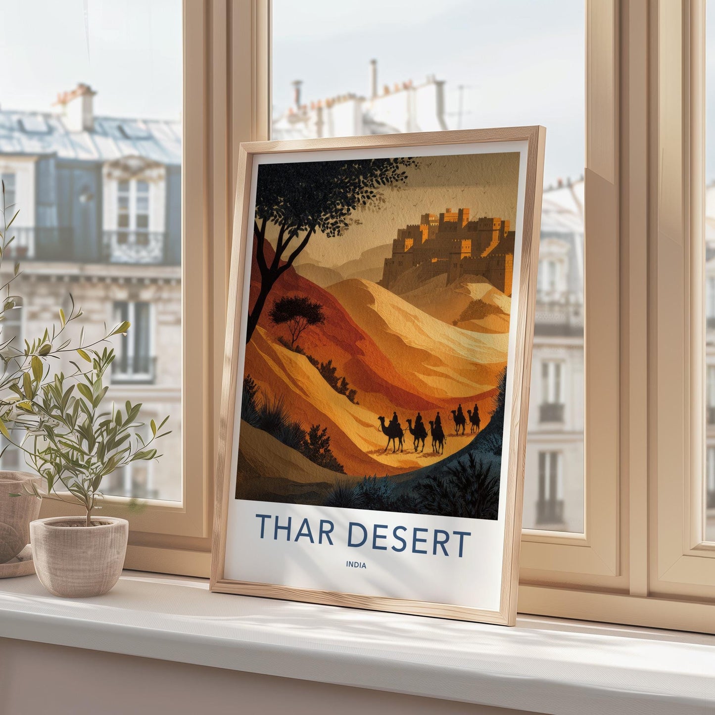 Thar Desert Poster - India Travel Art - Rajasthan Camel Train Fortress Home Decor