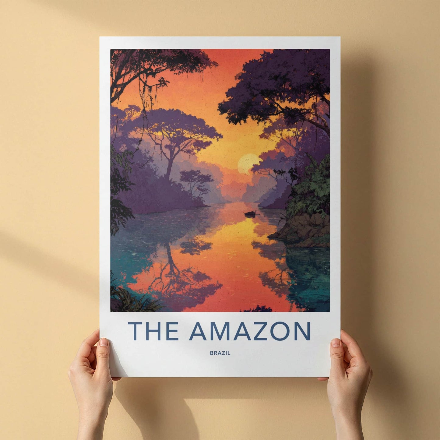 The Amazon Poster - Brazil Travel Art - Sunset River Boat Home Decor