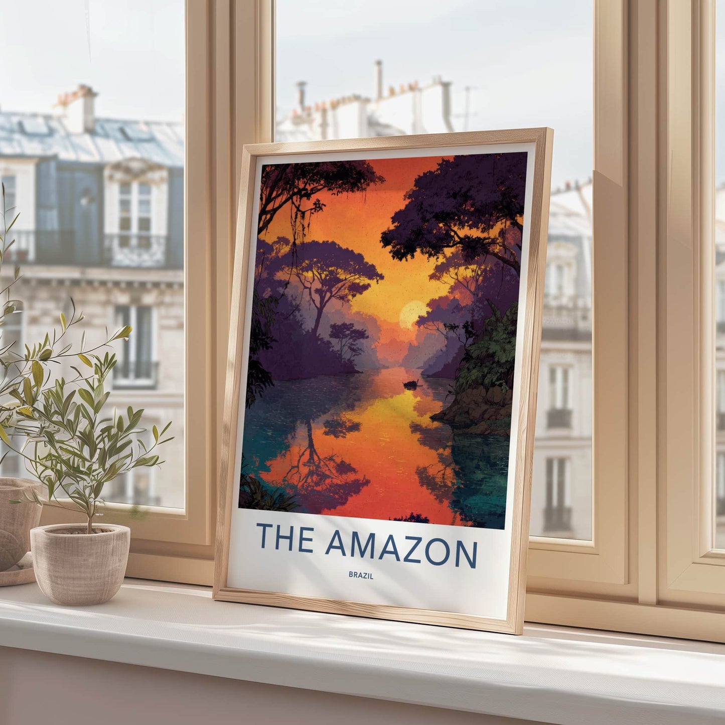 The Amazon Poster - Brazil Travel Art - Sunset River Boat Home Decor