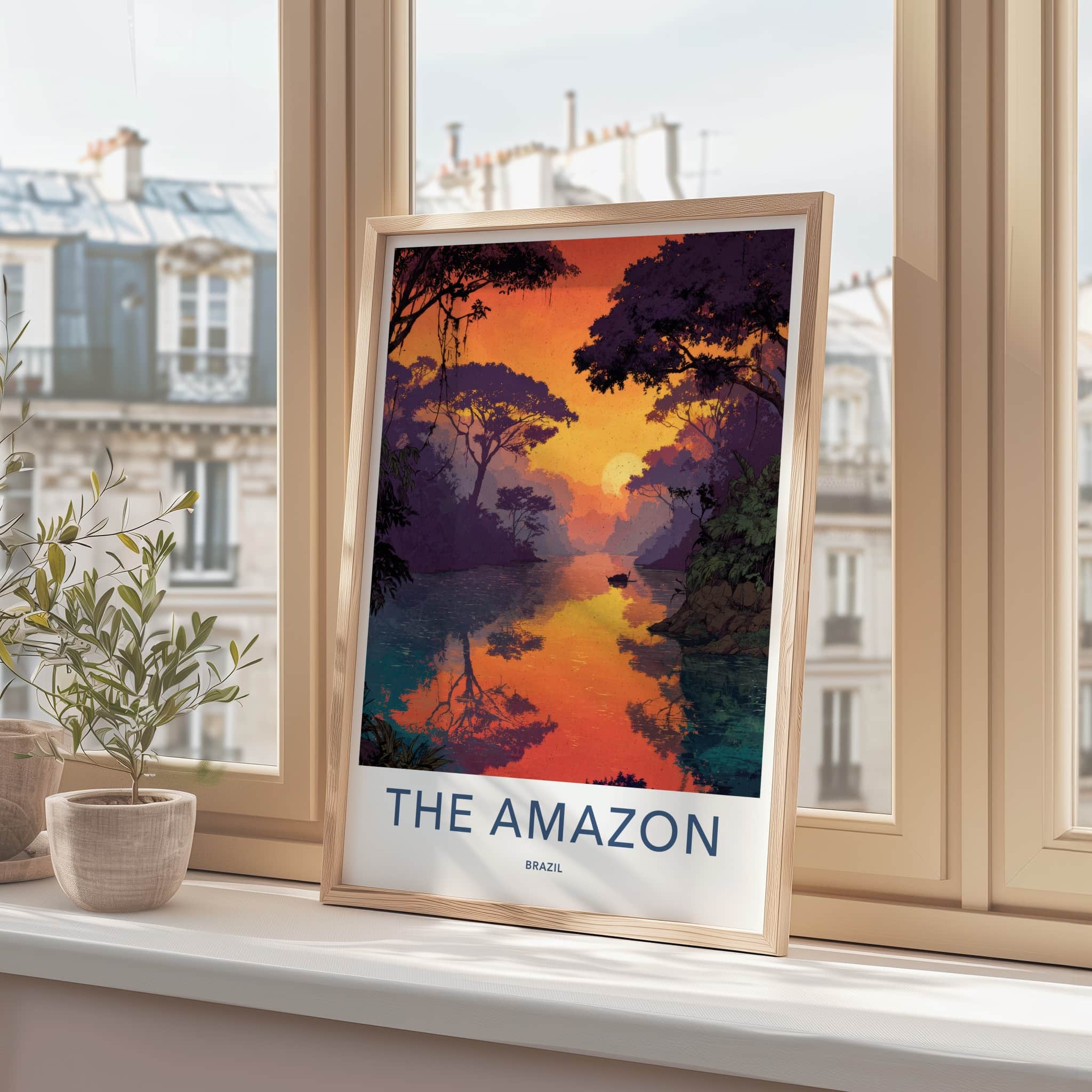 The Amazon Poster - Brazil Travel Art - Sunset River Boat Home Decor